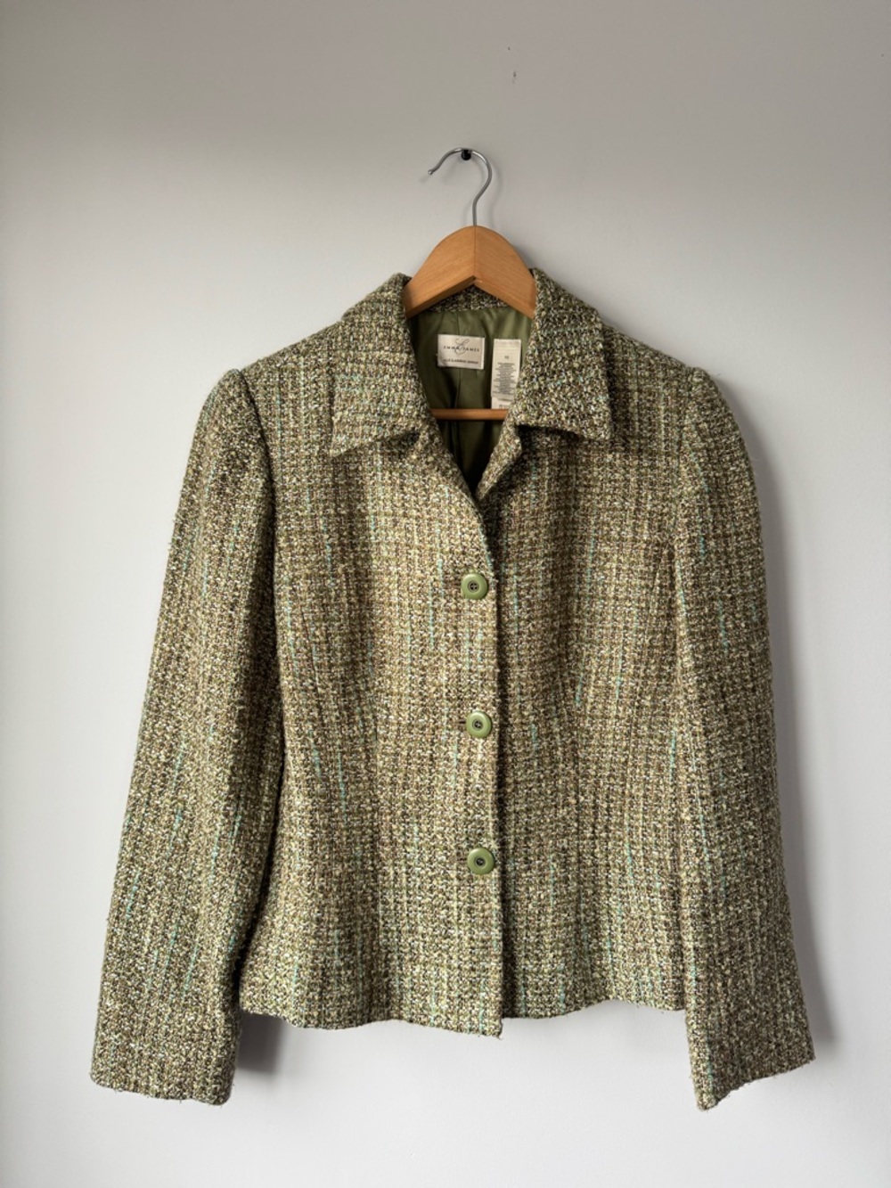 (10) Emma James Olive Green Tweed Button Jacket